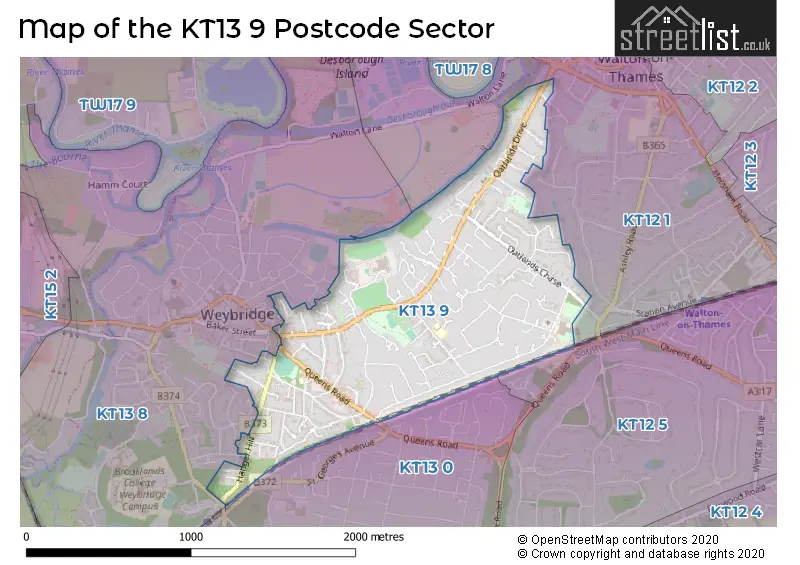 Map of the KT13 9 and surrounding postcode sector