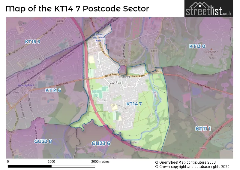 Map of the KT14 7 and surrounding postcode sector