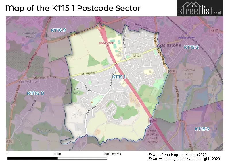 Map of the KT15 1 and surrounding postcode sector