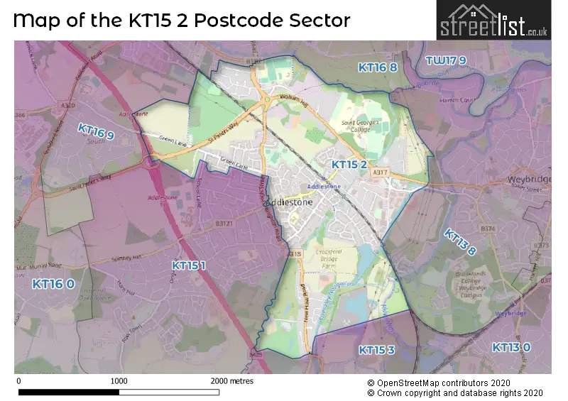 Map of the KT15 2 and surrounding postcode sector