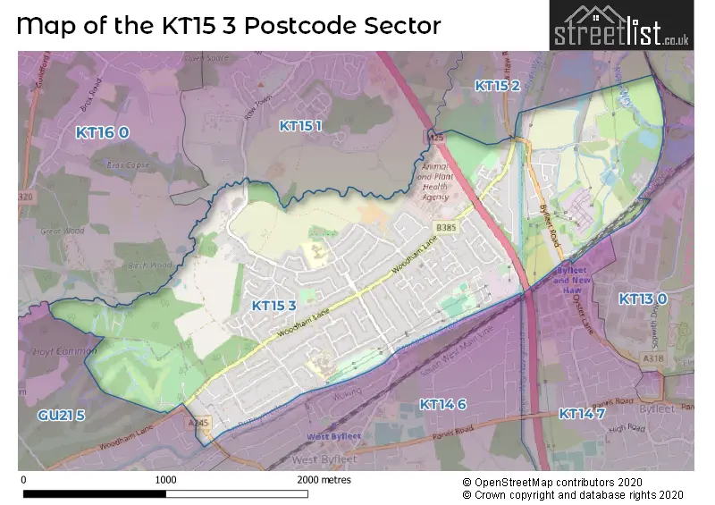 Map of the KT15 3 and surrounding postcode sector