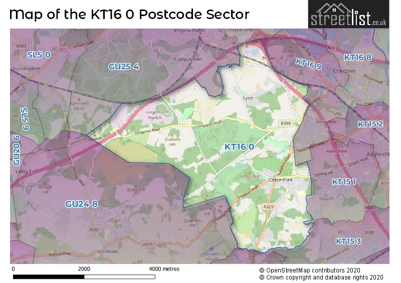 Map of the KT16 0 and surrounding postcode sector