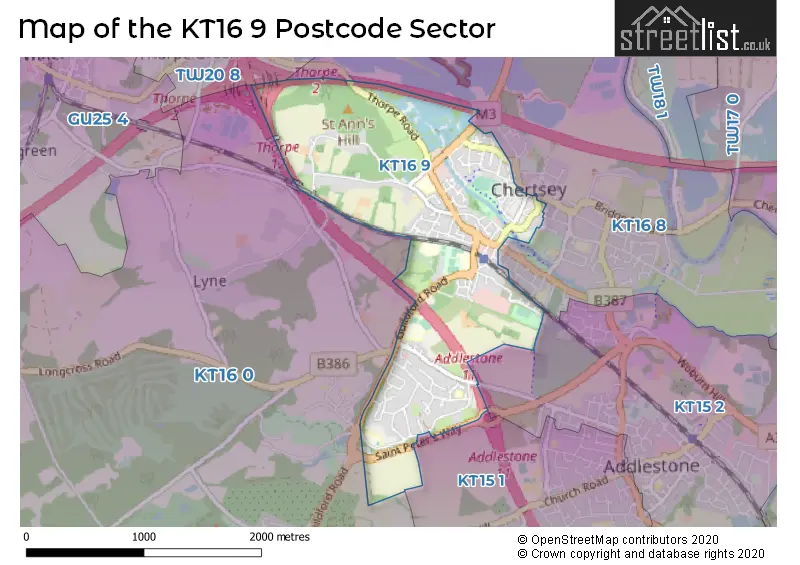 Map of the KT16 9 and surrounding postcode sector