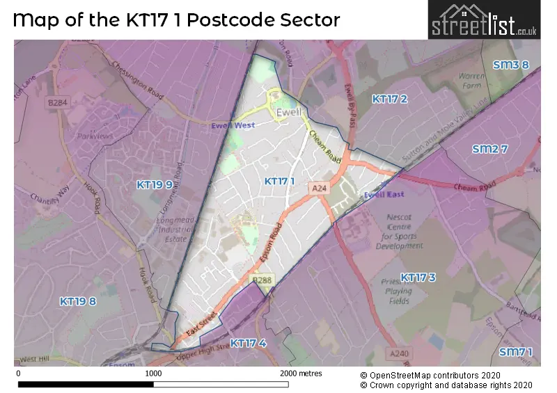 Map of the KT17 1 and surrounding postcode sector