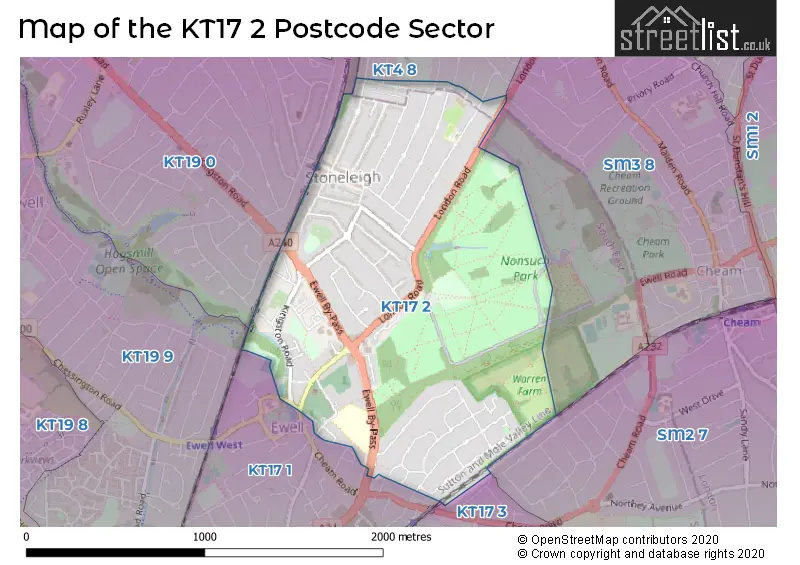 Map of the KT17 2 and surrounding postcode sector