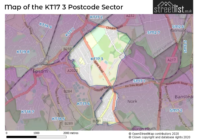 Map of the KT17 3 and surrounding postcode sector