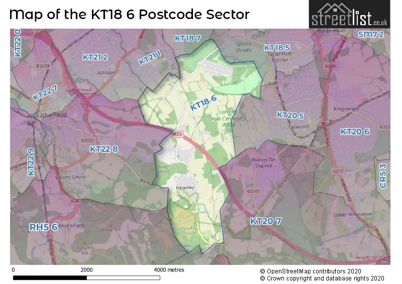 Map of the KT18 6 and surrounding postcode sector