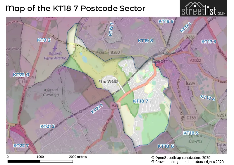 Map of the KT18 7 and surrounding postcode sector
