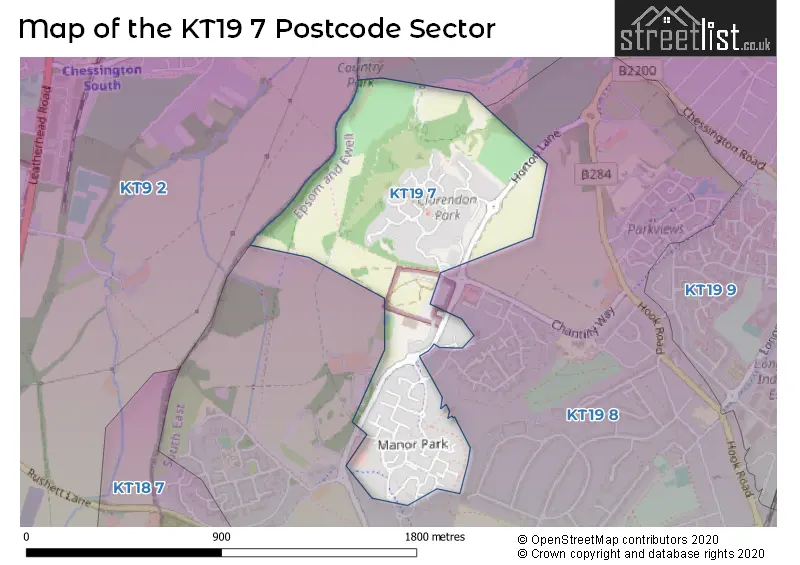 Map of the KT19 7 and surrounding postcode sector