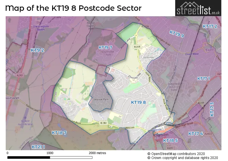 Map of the KT19 8 and surrounding postcode sector