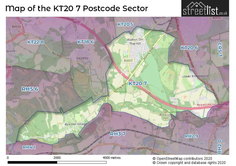 Map of the KT20 7 and surrounding postcode sector