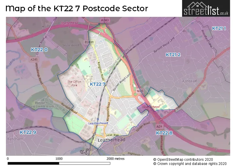 Map of the KT22 7 and surrounding postcode sector