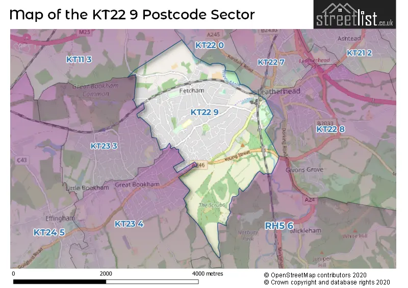 Map of the KT22 9 and surrounding postcode sector