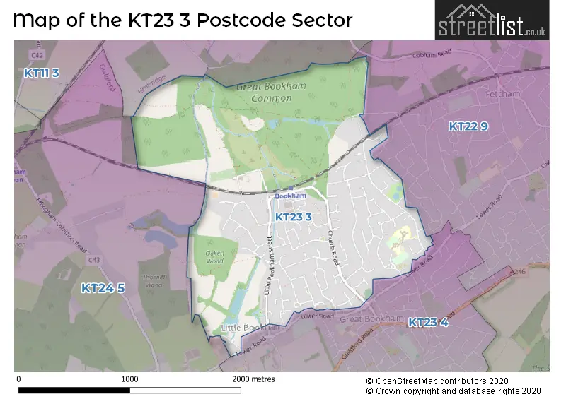 Map of the KT23 3 and surrounding postcode sector