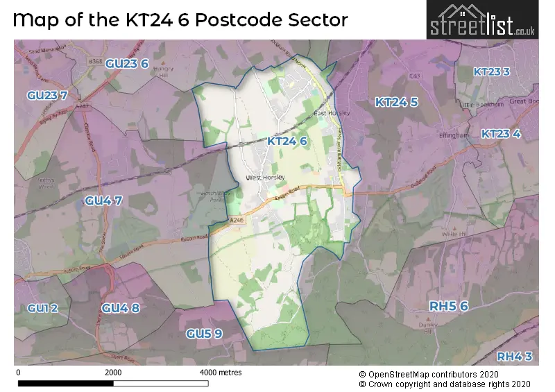 Map of the KT24 6 and surrounding postcode sector