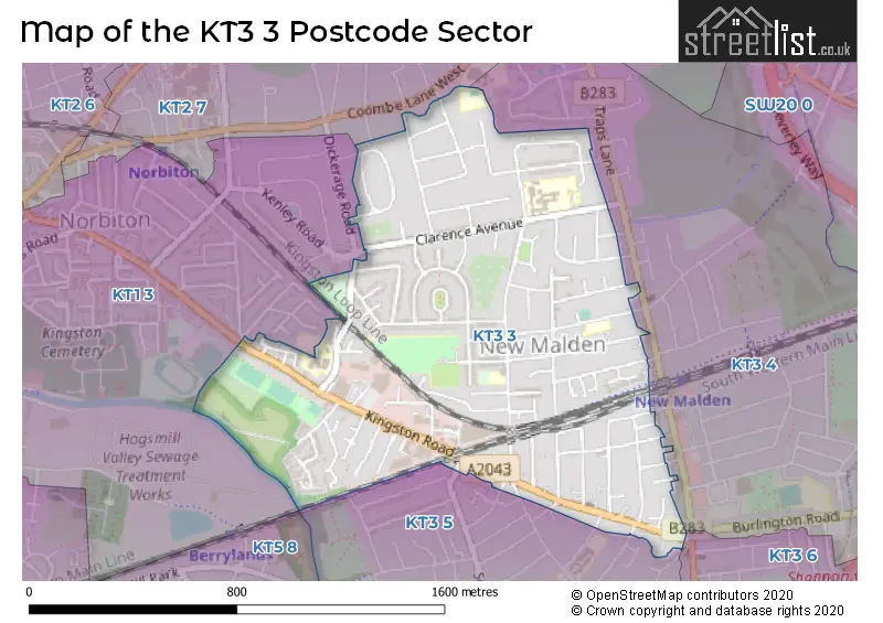 Map of the KT3 3 and surrounding postcode sector