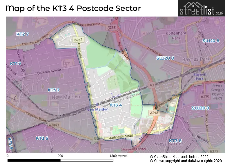 Map of the KT3 4 and surrounding postcode sector