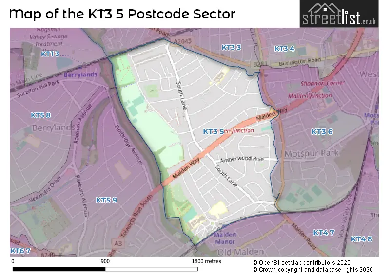 Map of the KT3 5 and surrounding postcode sector