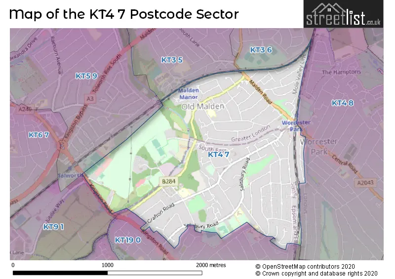 Map of the KT4 7 and surrounding postcode sector