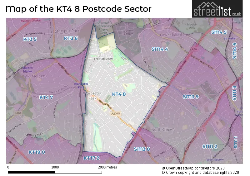 Map of the KT4 8 and surrounding postcode sector