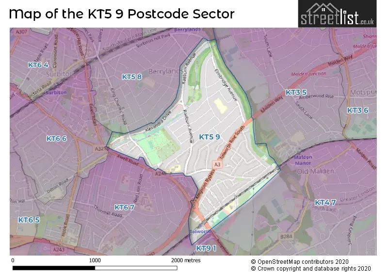 Map of the KT5 9 and surrounding postcode sector