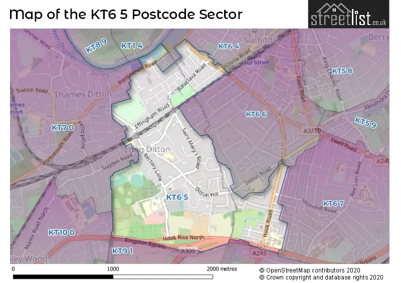 Map of the KT6 5 and surrounding postcode sector