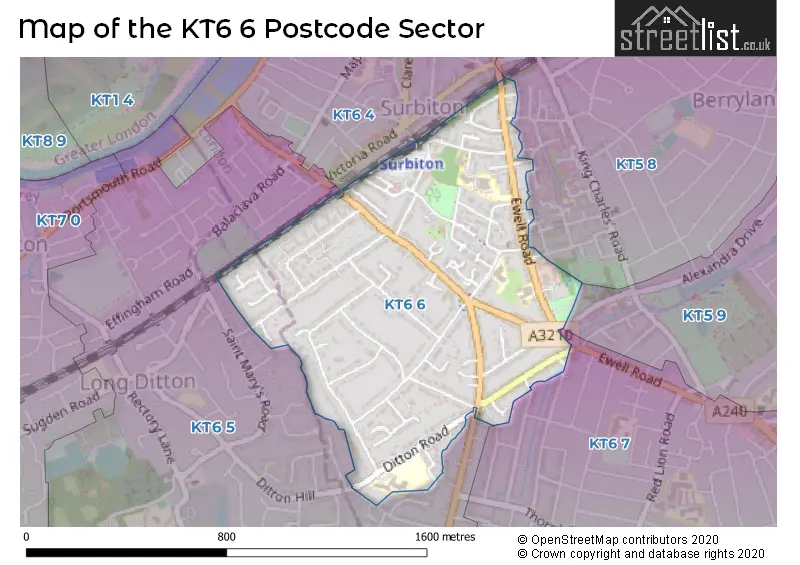 Map of the KT6 6 and surrounding postcode sector