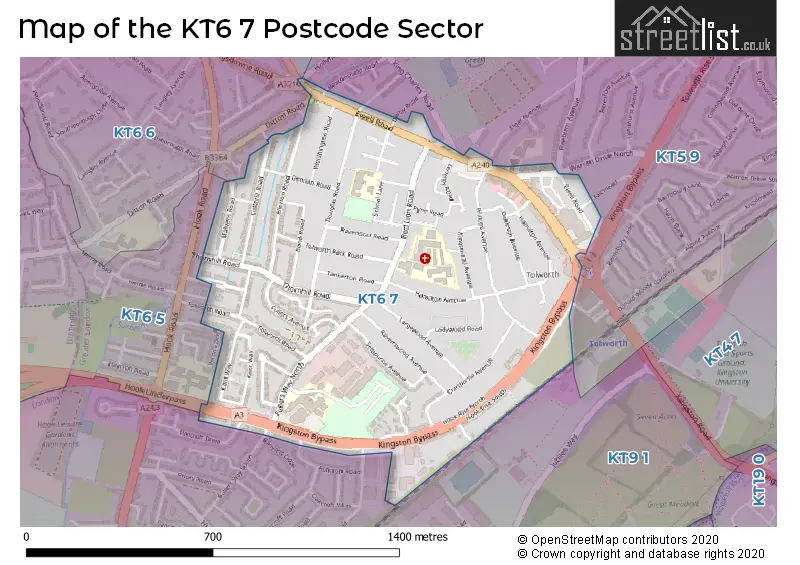 Map of the KT6 7 and surrounding postcode sector