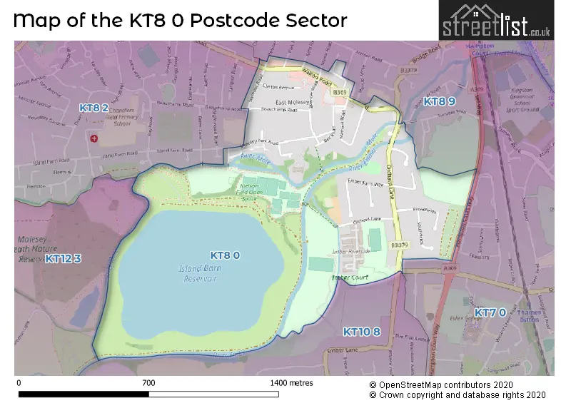 Map of the KT8 0 and surrounding postcode sector