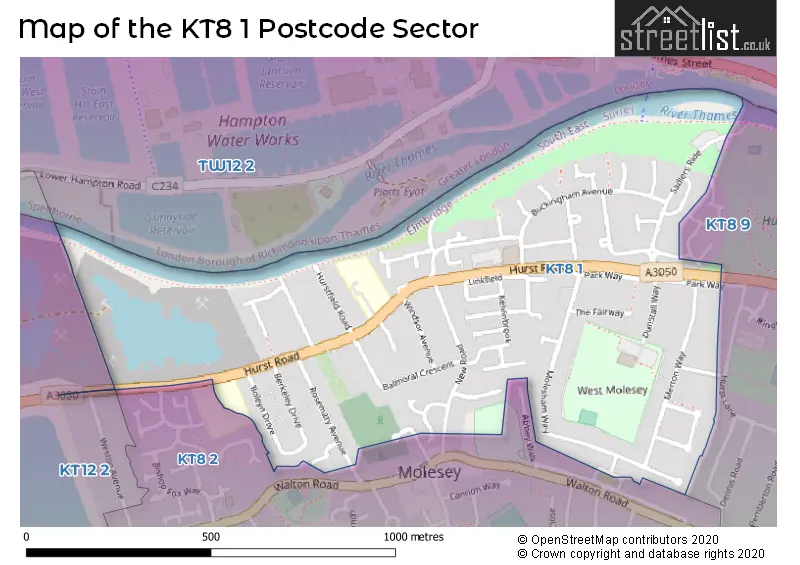 Map of the KT8 1 and surrounding postcode sector