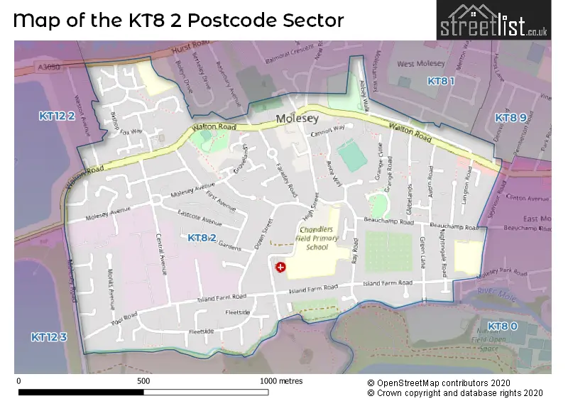 Map of the KT8 2 and surrounding postcode sector