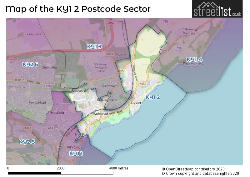 Map of the KY1 2 and surrounding postcode sector