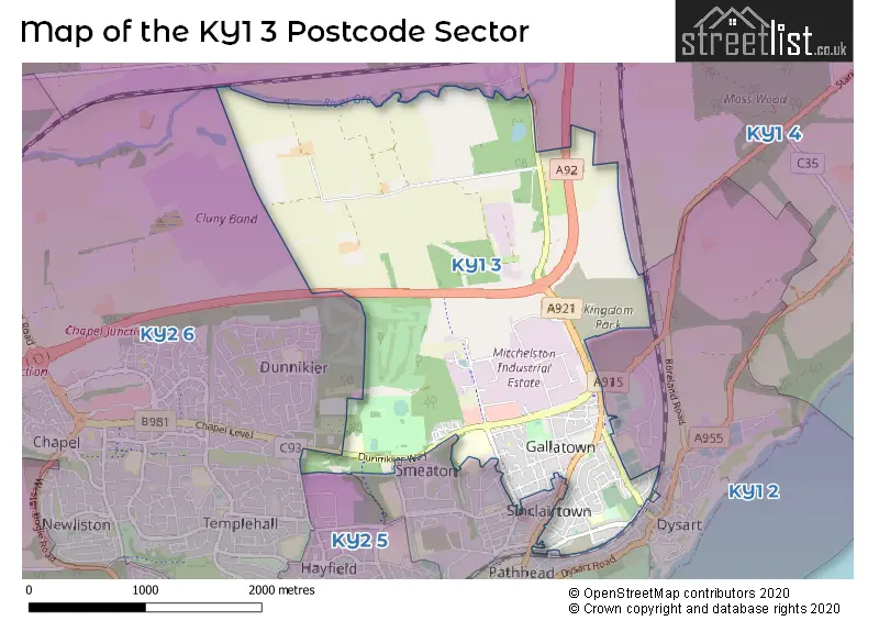 Map of the KY1 3 and surrounding postcode sector