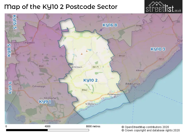 Map of the KY10 2 and surrounding postcode sector