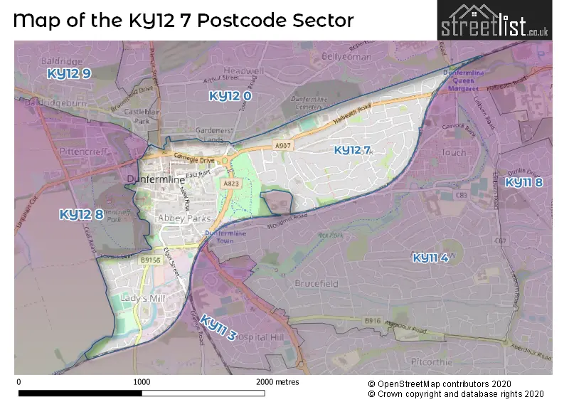 Map of the KY12 7 and surrounding postcode sector