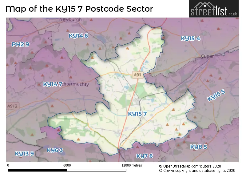 Map of the KY15 7 and surrounding postcode sector