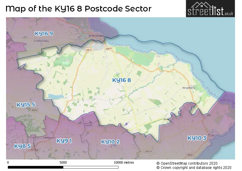 Map of the KY16 8 and surrounding postcode sector