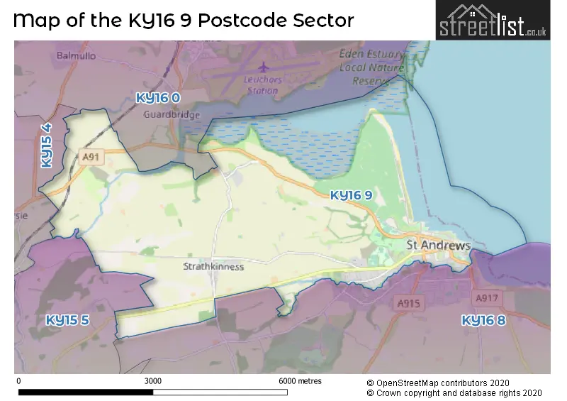 Map of the KY16 9 and surrounding postcode sector