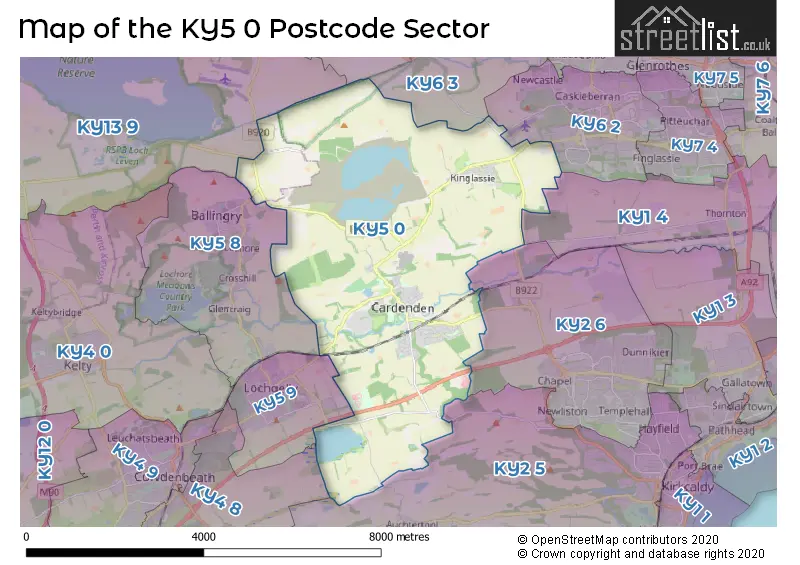 Map of the KY5 0 and surrounding postcode sector