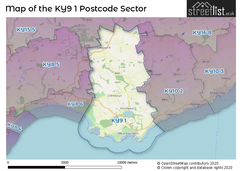 Map of the KY9 1 and surrounding postcode sector