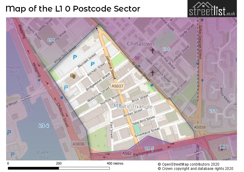 Map of the L1 0 and surrounding postcode sector