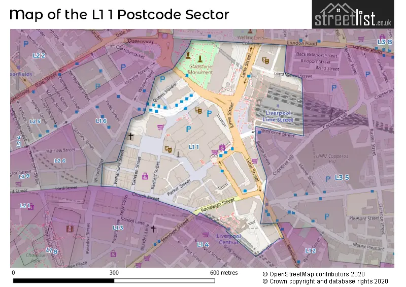 Map of the L1 1 and surrounding postcode sector