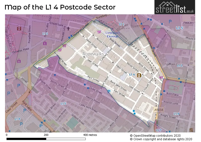 Map of the L1 4 and surrounding postcode sector