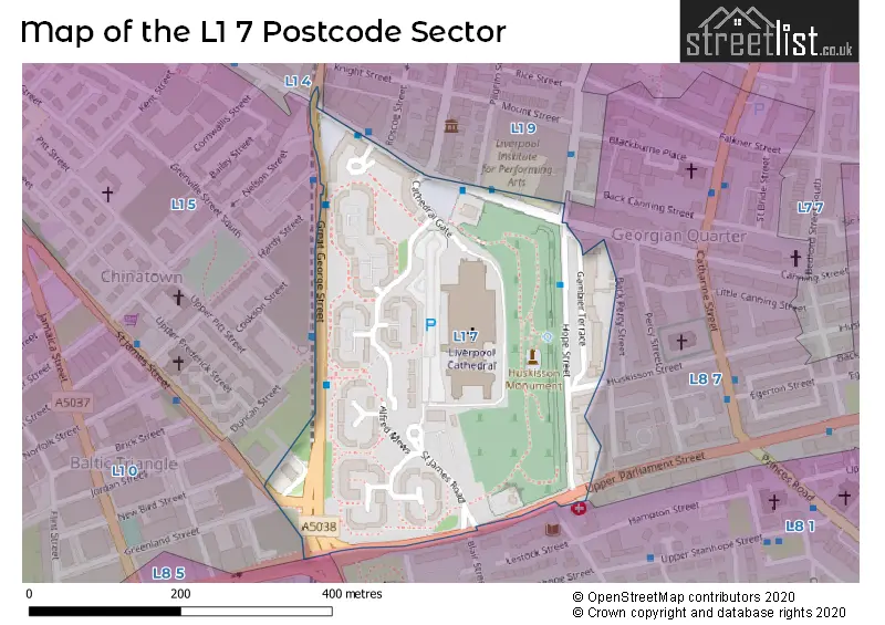 Map of the L1 7 and surrounding postcode sector