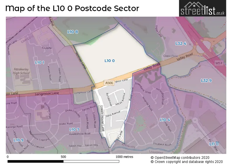 Map of the L10 0 and surrounding postcode sector