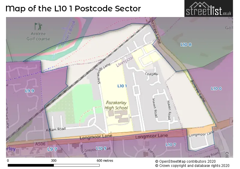 Map of the L10 1 and surrounding postcode sector