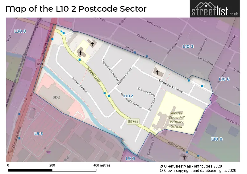 Map of the L10 2 and surrounding postcode sector