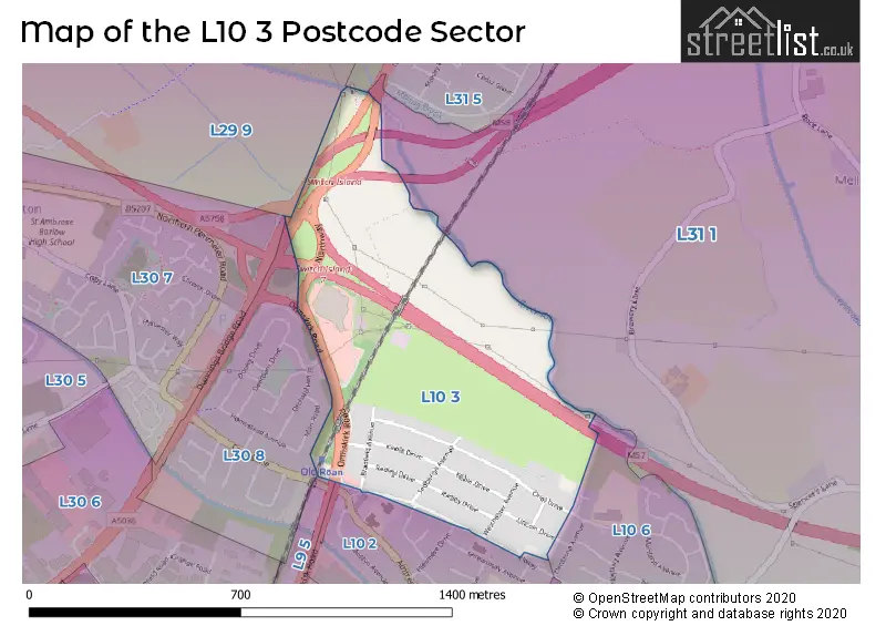Map of the L10 3 and surrounding postcode sector