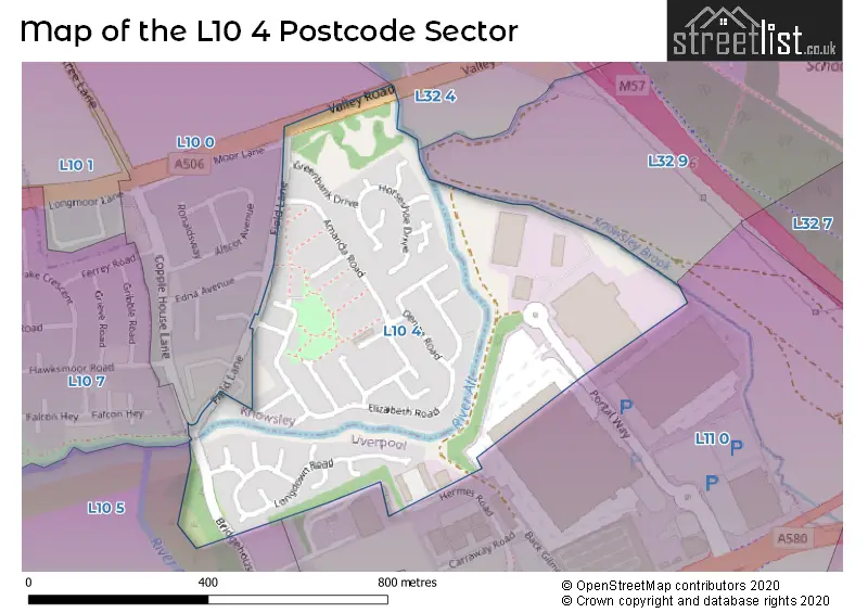 Map of the L10 4 and surrounding postcode sector