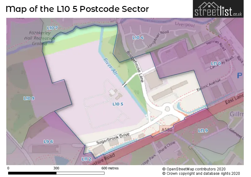 Map of the L10 5 and surrounding postcode sector